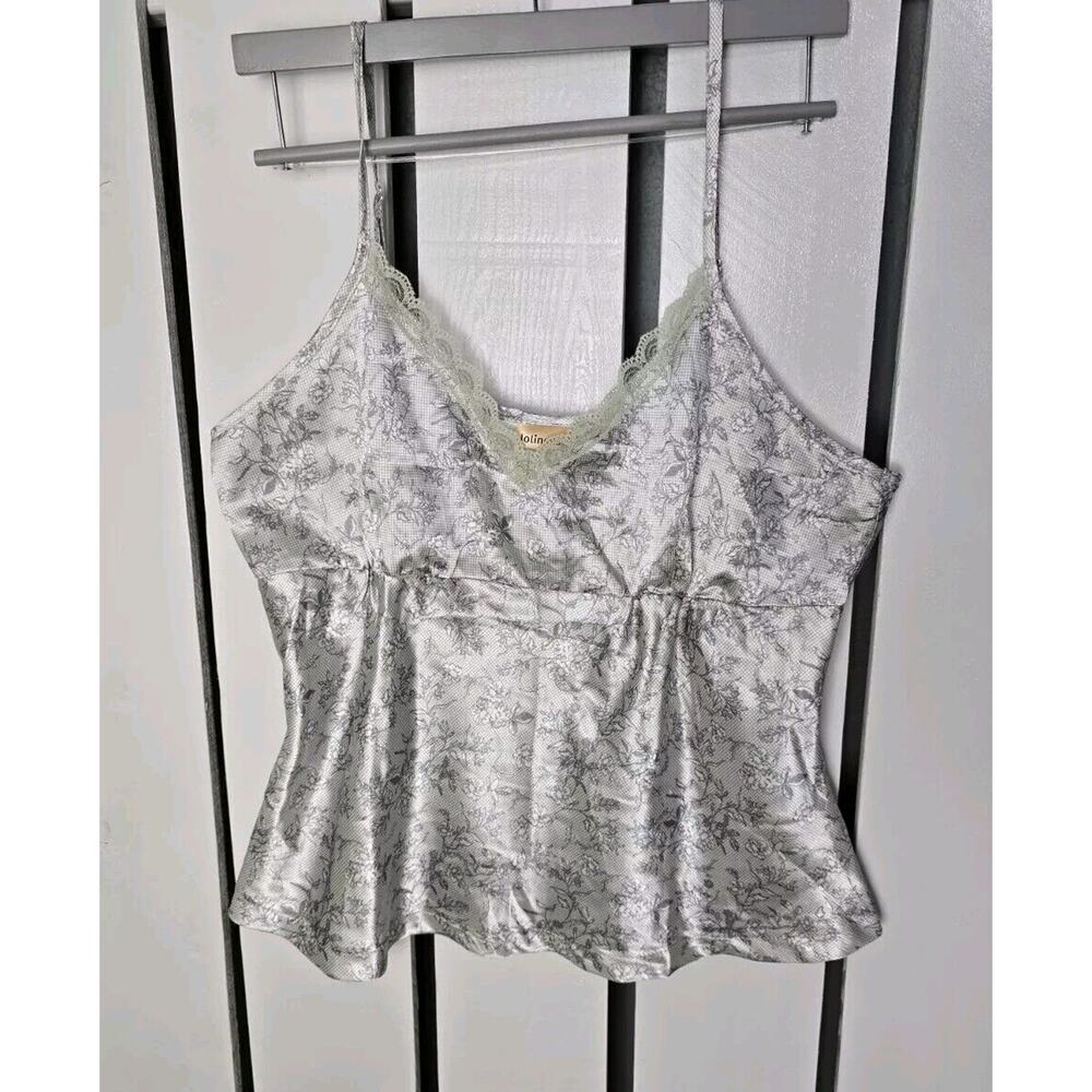 Jolinesse Women's Babydoll Coquette Grey Floral Cami Top Lace Trim Sleepwear L